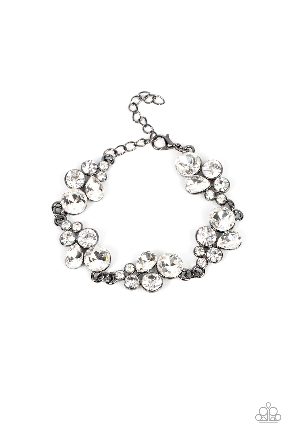 Duchess Dowry - Black Gunmetal Frame White Rhinestone Bracelet Paparazzi B0866