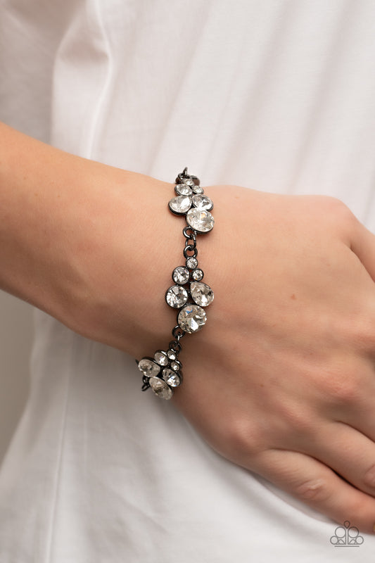 Duchess Dowry - Black Gunmetal Frame White Rhinestone Bracelet Paparazzi B0866