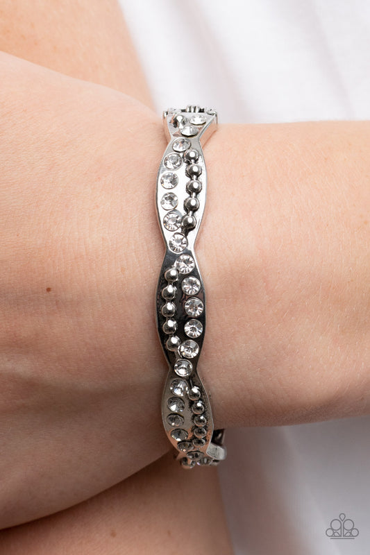 Empire Envy - White Rhinestone & Silver Hinge Bracelet Paparazzi B0996