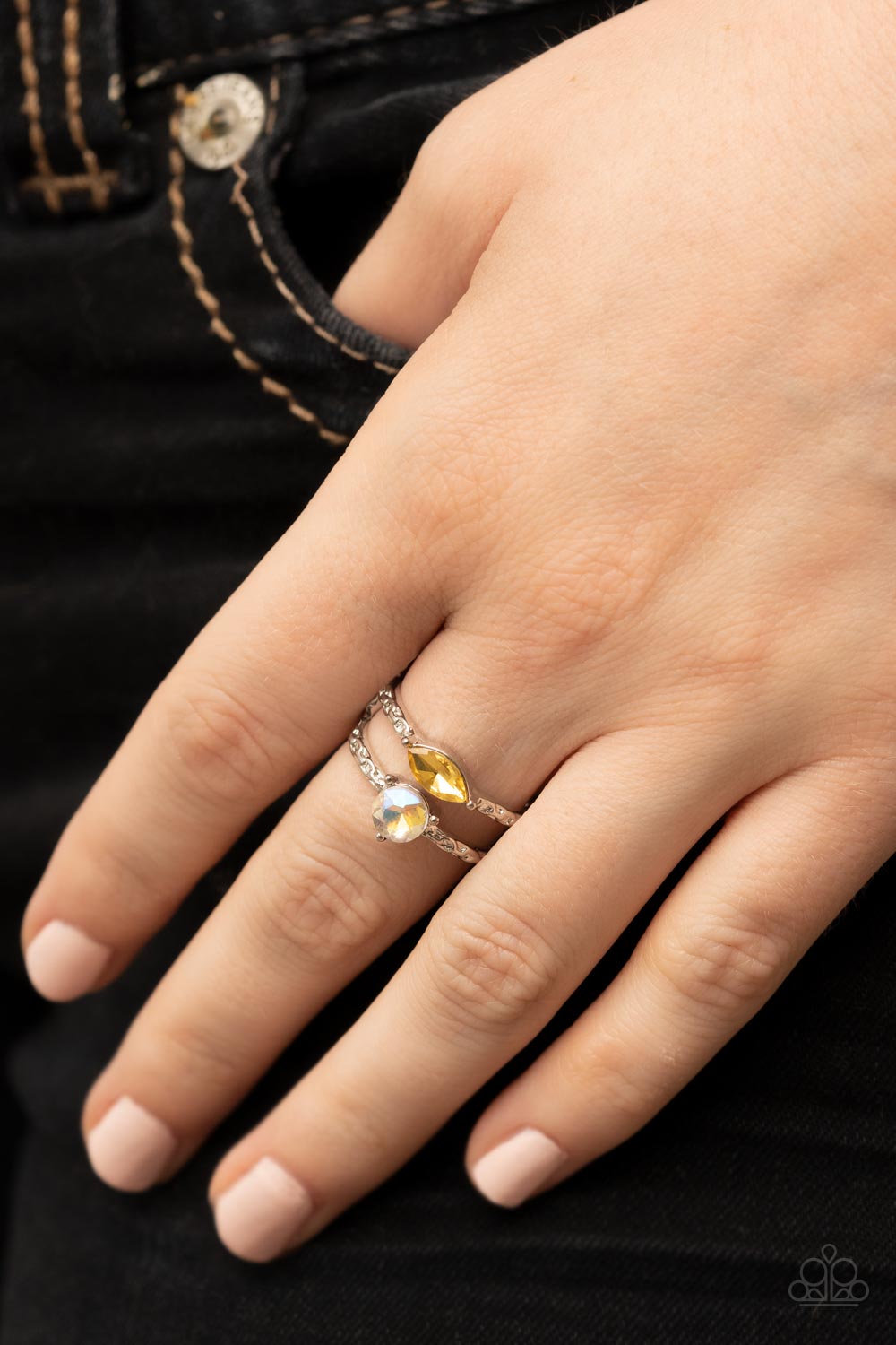 Embraceable Elegance - Yellow & Iridescent Rhinestone Ring Paparazzi R0614