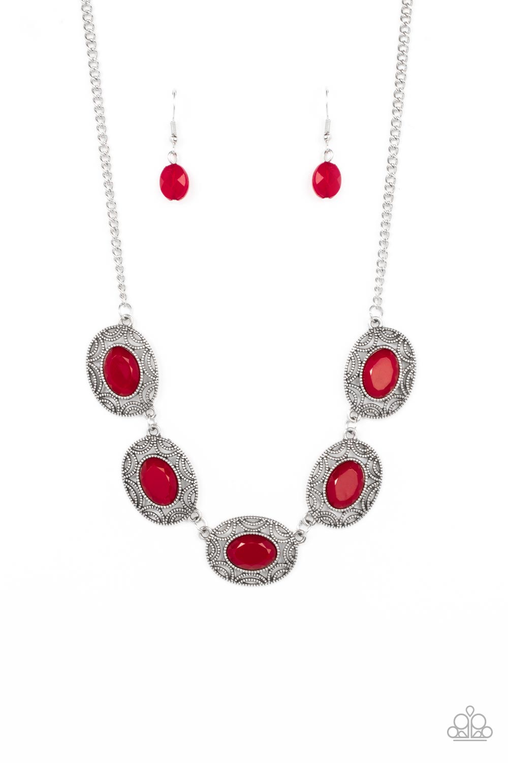 Sunshiny Shimmer - Red Fire Whirl Bead Silver Frame Necklace Paparazzi N1292