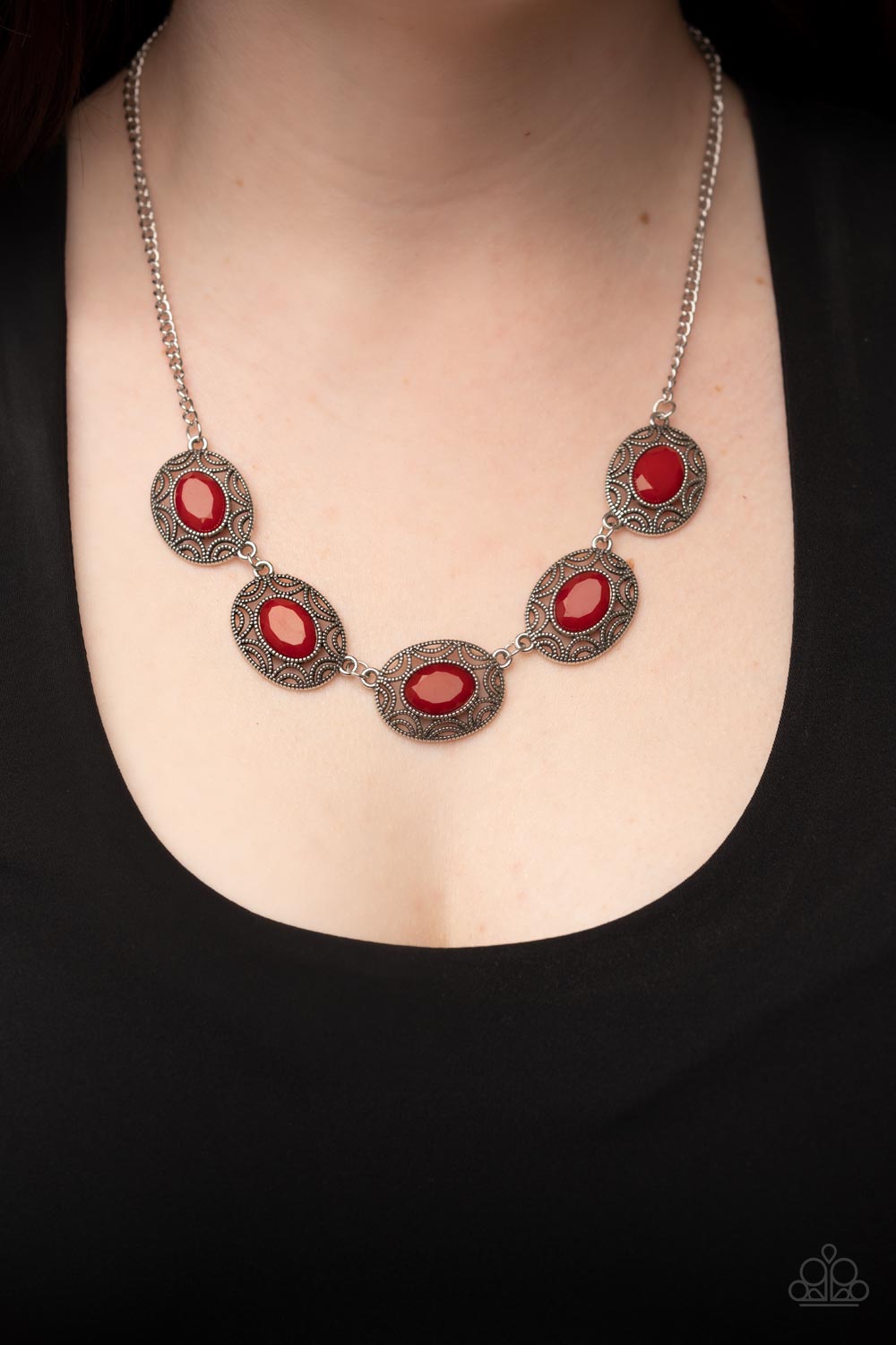 Sunshiny Shimmer - Red Fire Whirl Bead Silver Frame Necklace Paparazzi N1292