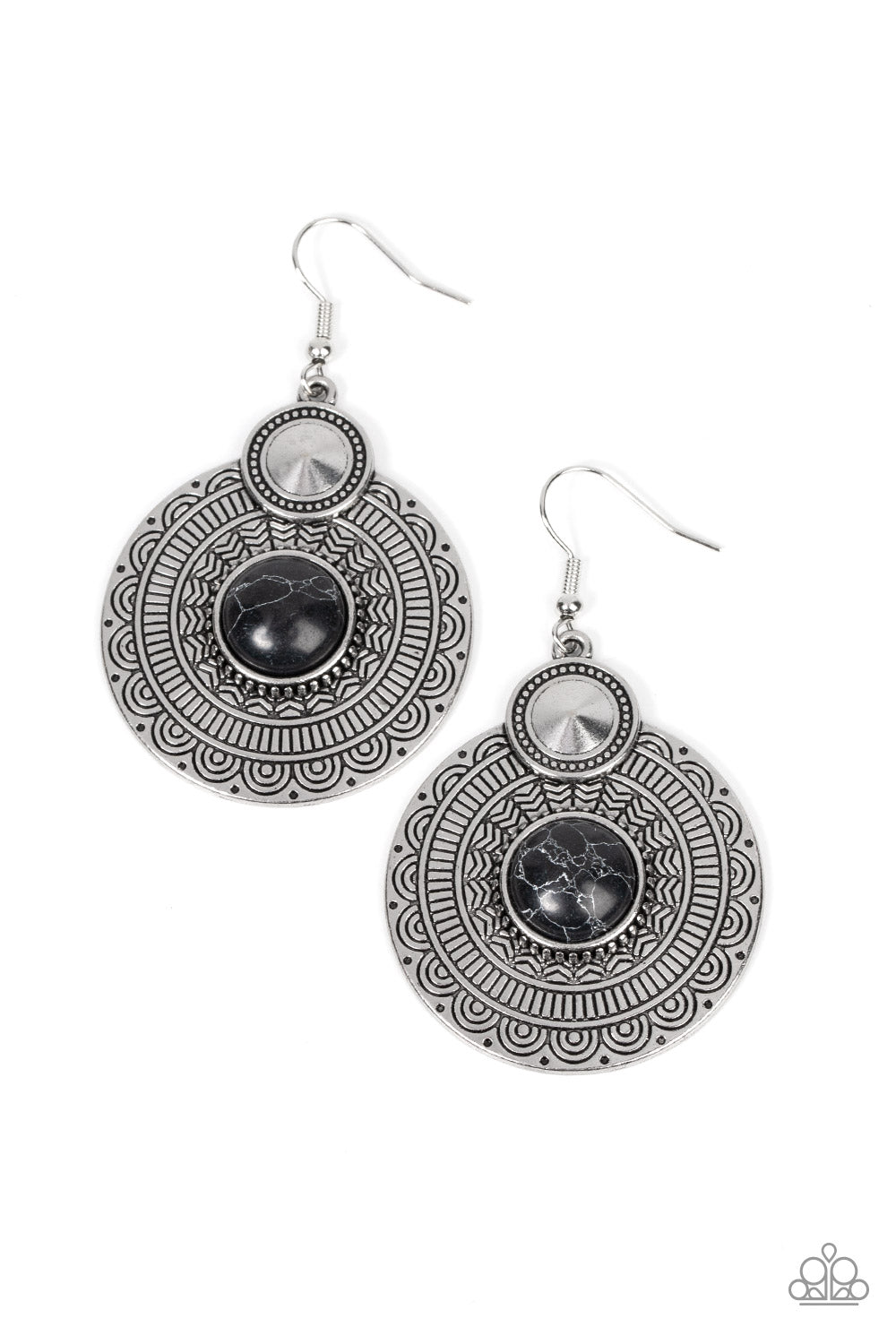 Terra Throwdown - Black Stone Silver Scalloped Santa Fe Style Earring Paparazzi E1450