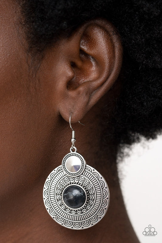 Terra Throwdown - Black Stone Silver Scalloped Santa Fe Style Earring Paparazzi E1450