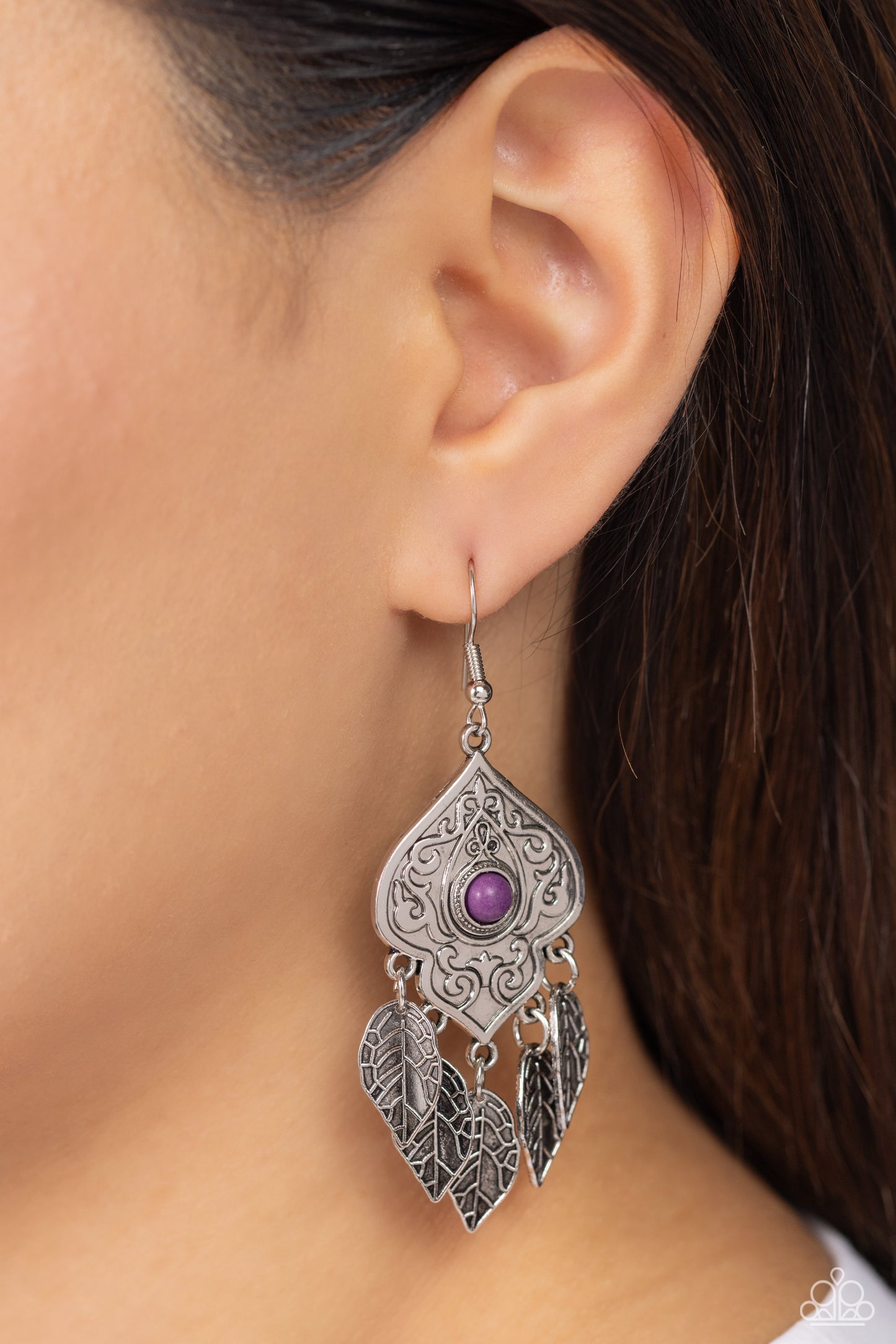 Desert Canopy - Purple Stone Silver Filigree Fringe Earring Paparazzi E1832