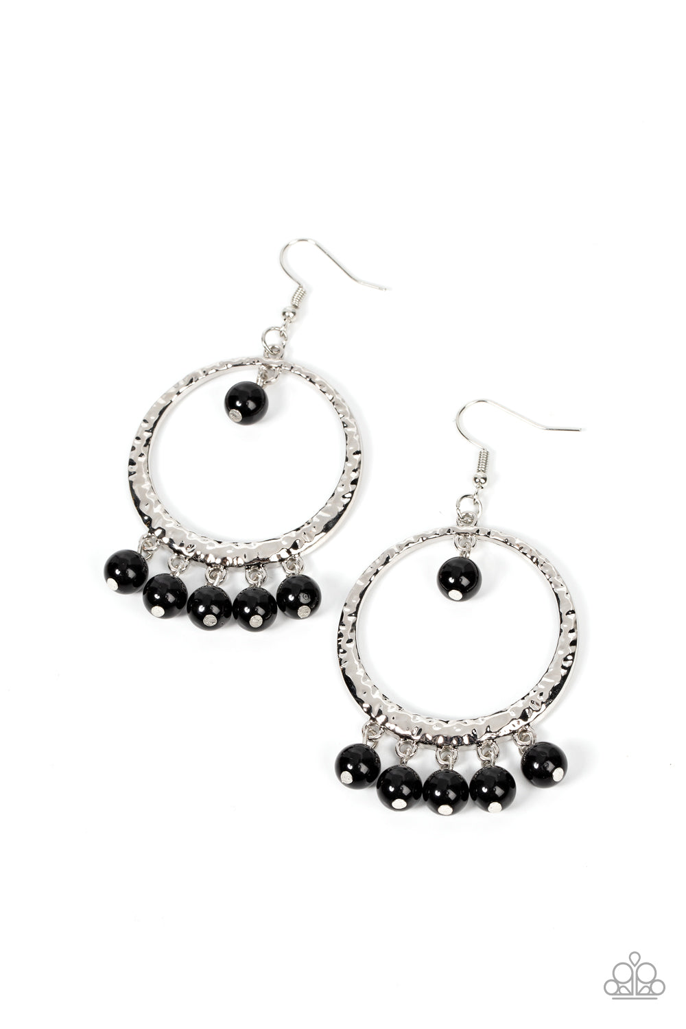 Luscious Luxury - Black Bead Silver Hammered Hoop Earring Paparazzi E1192