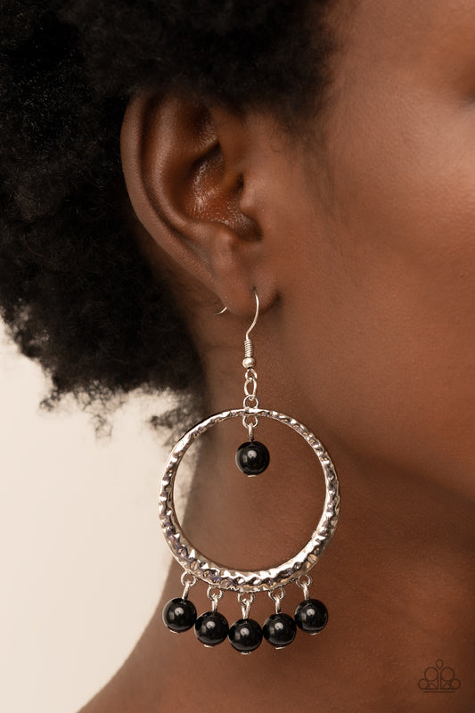 Luscious Luxury - Black Bead Silver Hammered Hoop Earring Paparazzi E1192