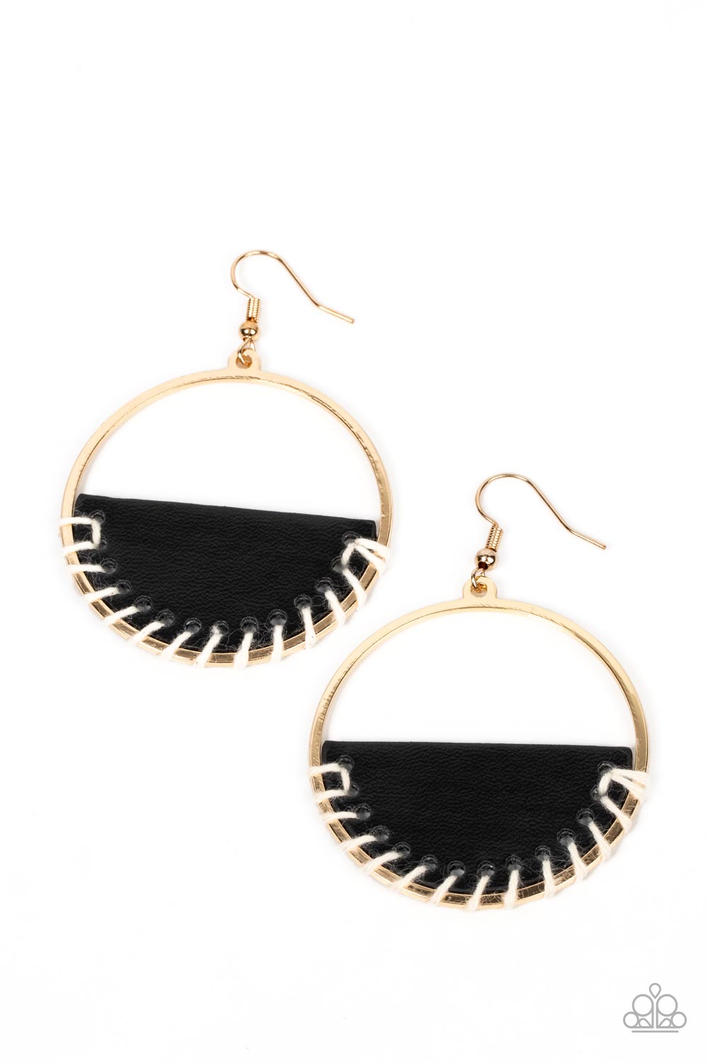 Lavishly Laid Back - Black Leather With White Cording Earring Paparazzi E1025