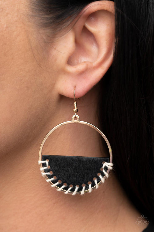 Lavishly Laid Back - Black Leather With White Cording Earring Paparazzi E1025