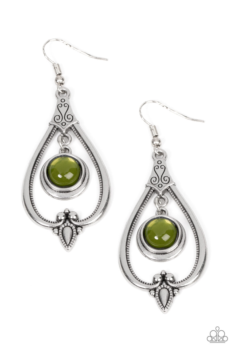 Ethereal Emblem - Green Olive Branch Bead Silver Earring E0926