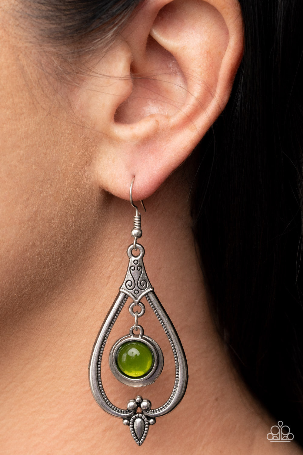 Ethereal Emblem - Green Olive Branch Bead Silver Earring E0926