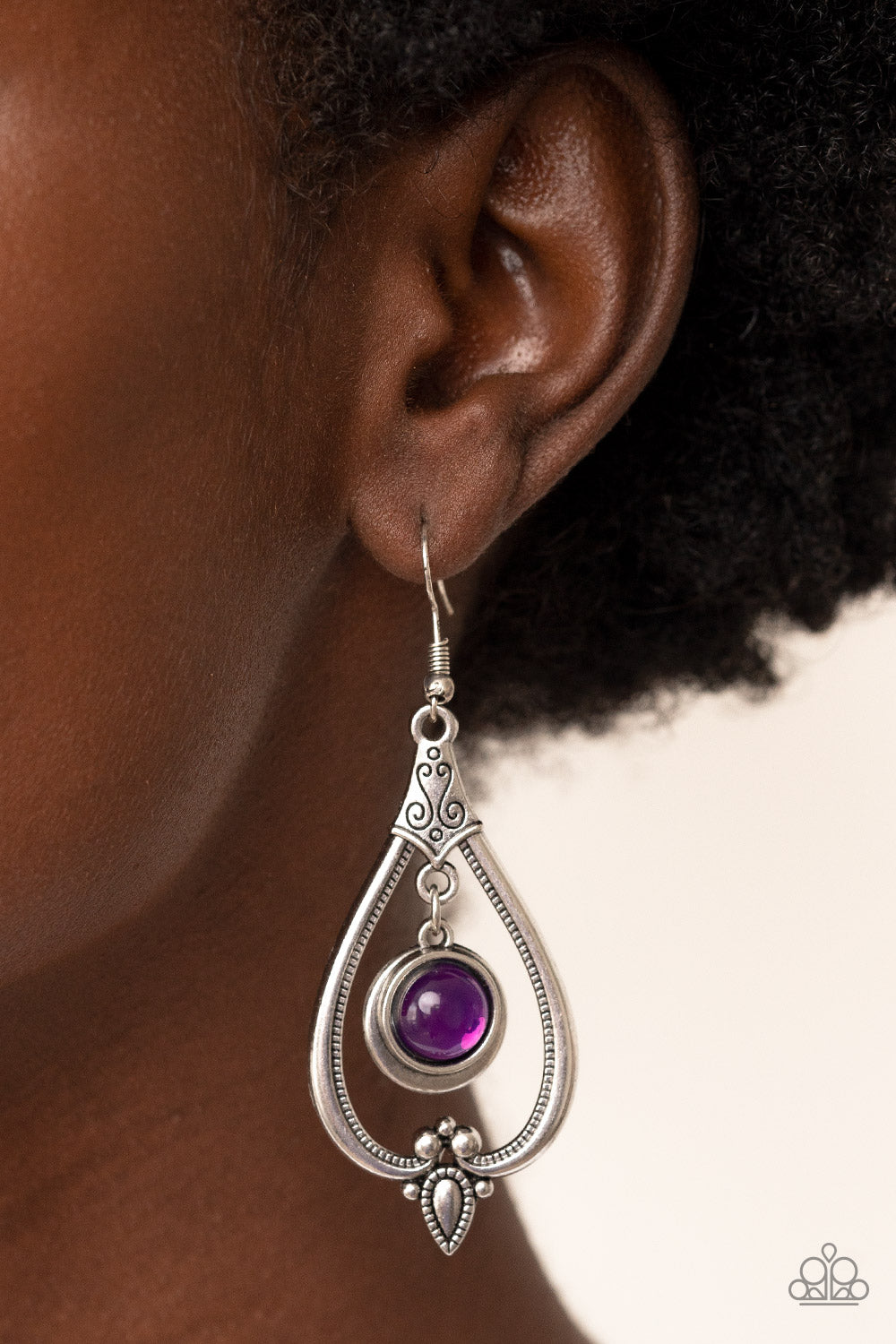 Ethereal Emblem - Purple Glassy Bead Teardrop Earring Paparazzi E1502