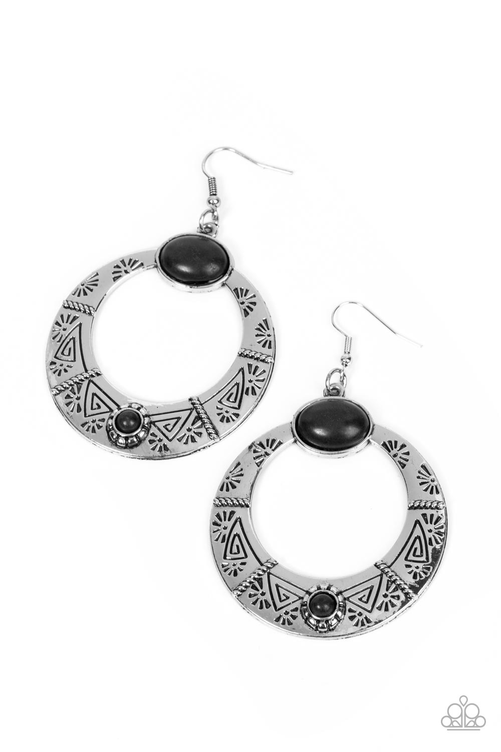 Garden Glyphs - Black Stone Silver Glyph Pattern Santa Fe Style Earring Paparazzi E1674