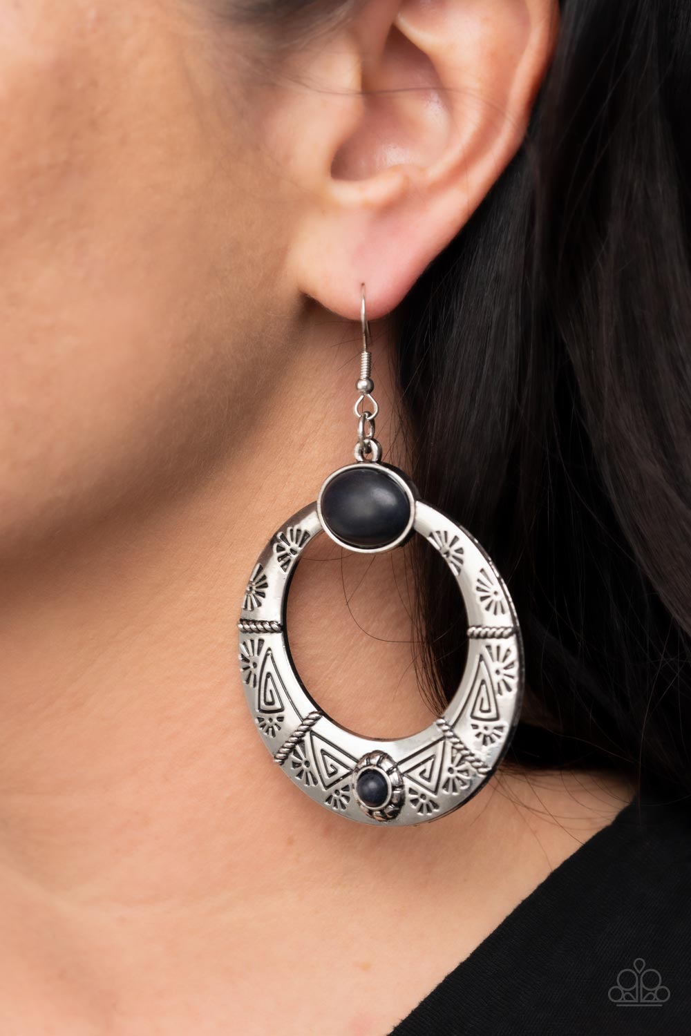 Garden Glyphs - Black Stone Silver Glyph Pattern Santa Fe Style Earring Paparazzi E1674