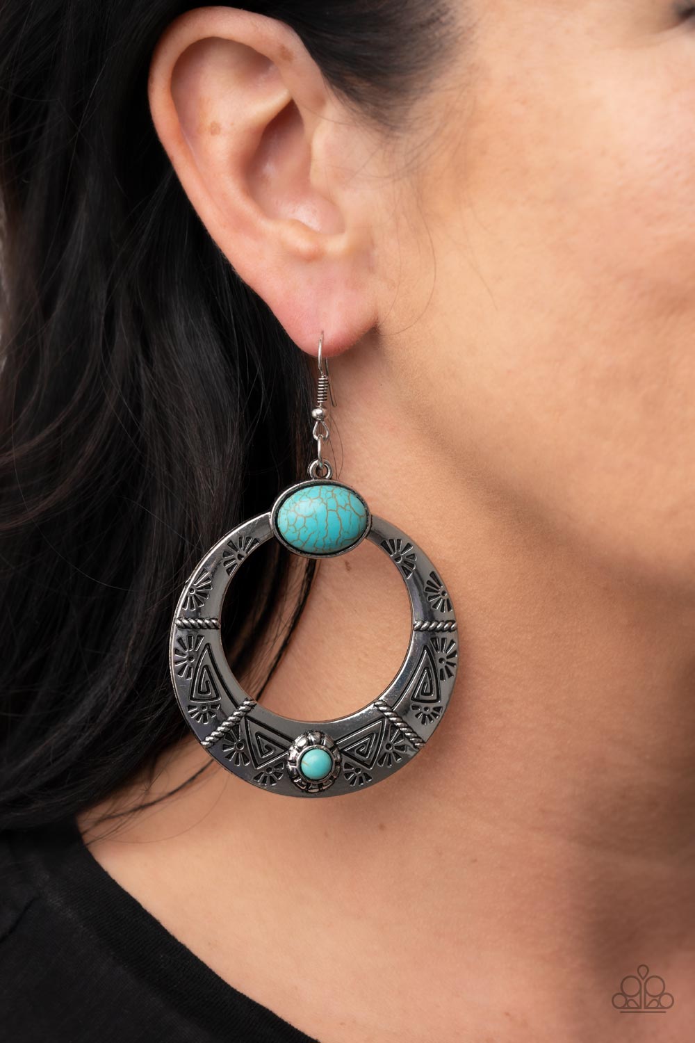 Garden Glyphs - Blue Turquoise Stone Silver Santa Fe Style Earring Paparazzi E1232