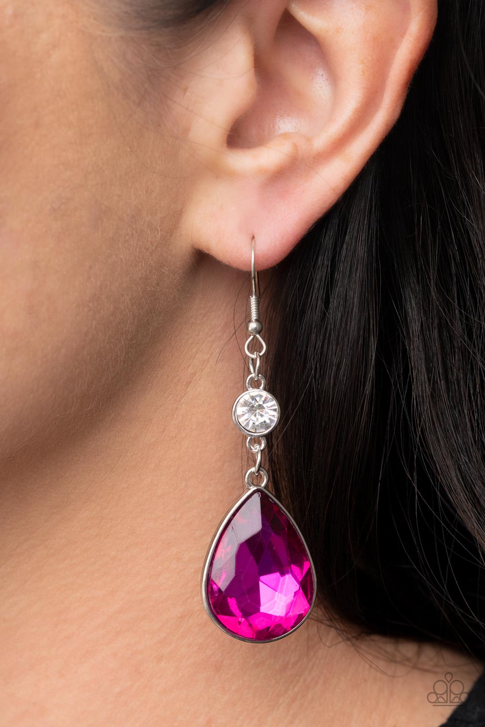 Smile for the Camera - Pink Teardrop Rhinestone Earring Paparazzi E0400