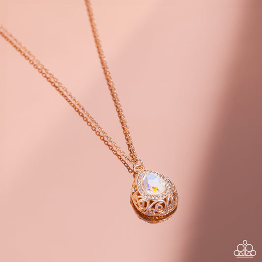 Gracefully Glamorous - Rose Gold & Oversized Iridescent Teardrop Gem Necklace Paparazzi N3008