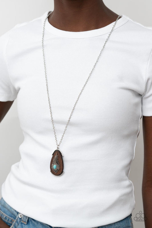 Personal FOWL - Blue Cracked Stone Turquoise Teardrop Silver Feather Necklace Paparazzi N0907