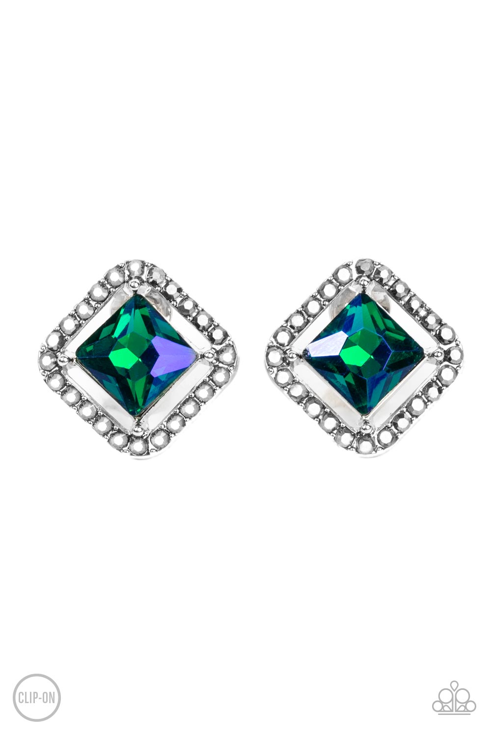 Cosmic Catwalk - Green UV Finish Emerald Cut Green Clip-On Earring Paparazzi E0985