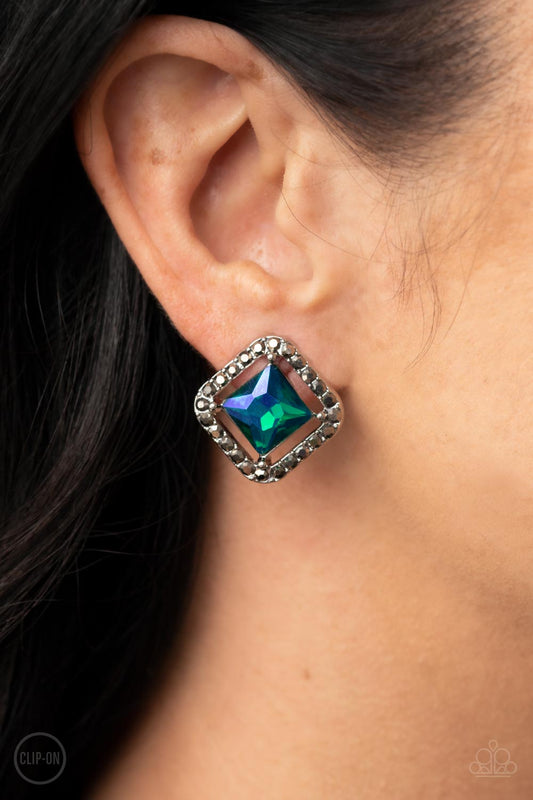 Cosmic Catwalk - Green UV Finish Emerald Cut Green Clip-On Earring Paparazzi E0985