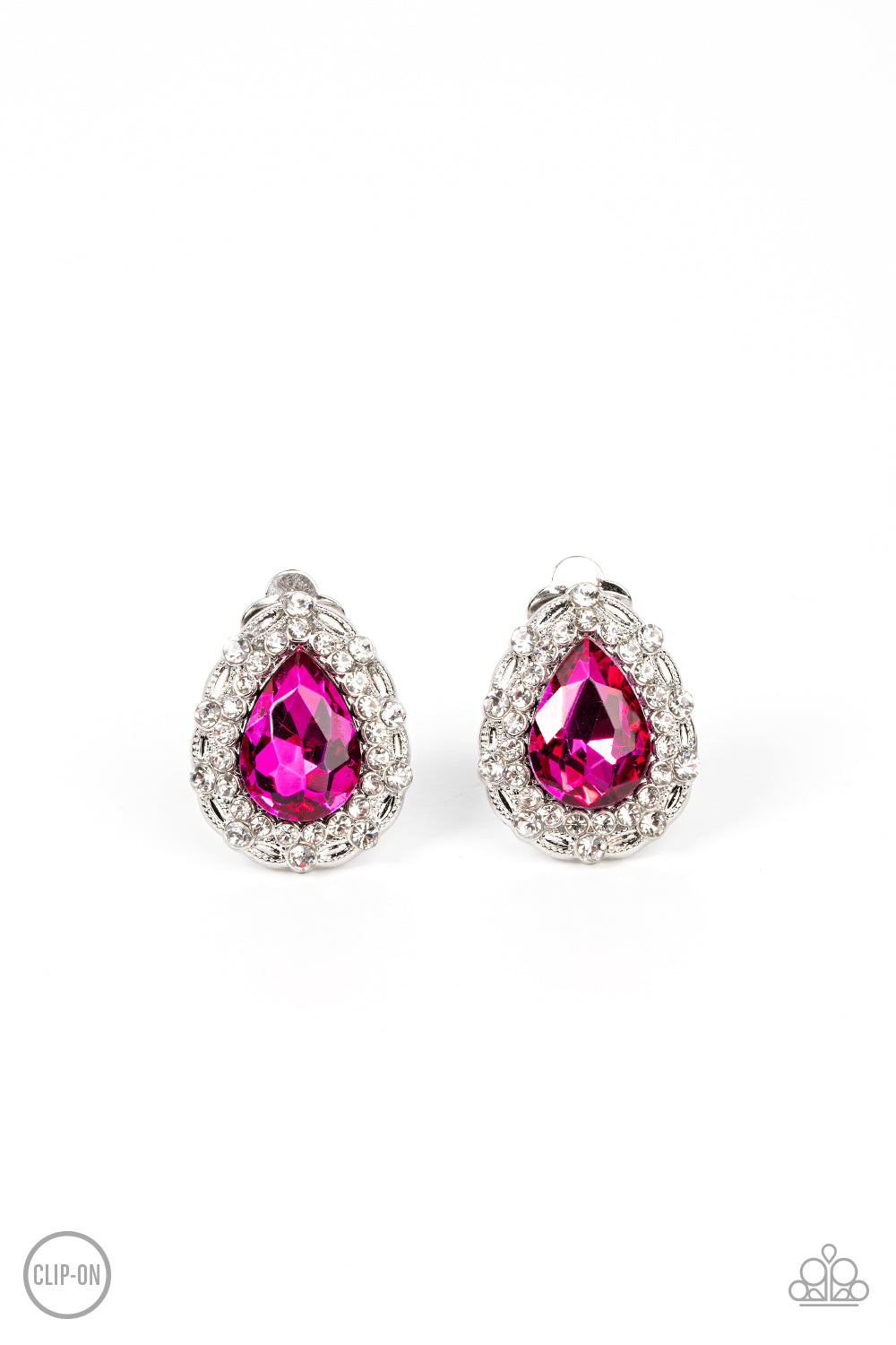 Haute Happy Hour - Pink Teardrop White Rhinestone Clip-On Earring Paparazzi E0663