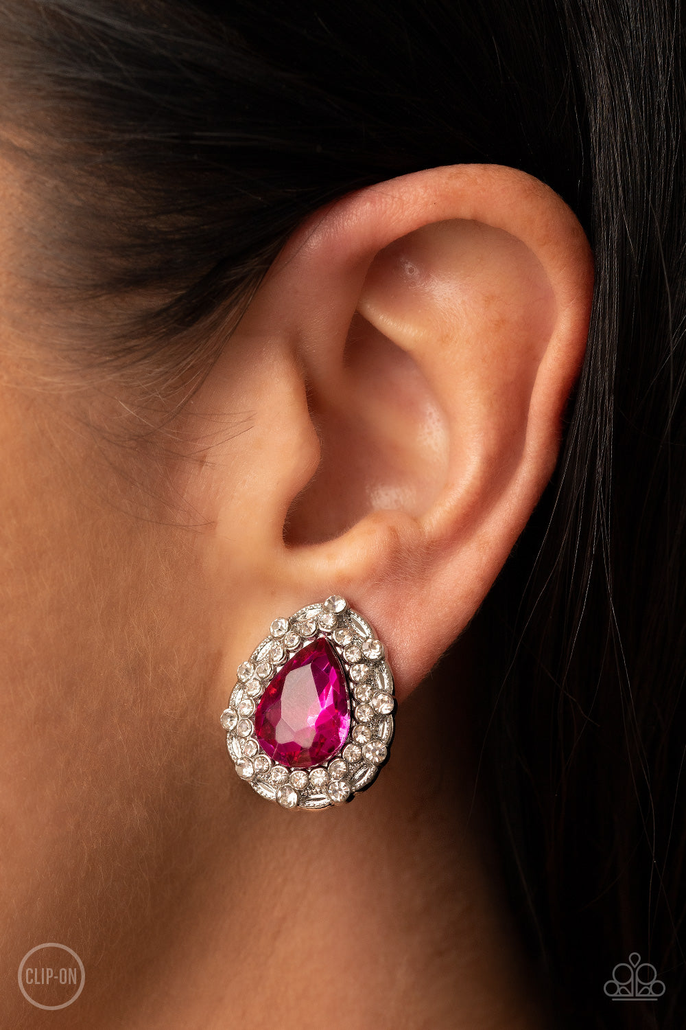 Haute Happy Hour - Pink Teardrop White Rhinestone Clip-On Earring Paparazzi E0663