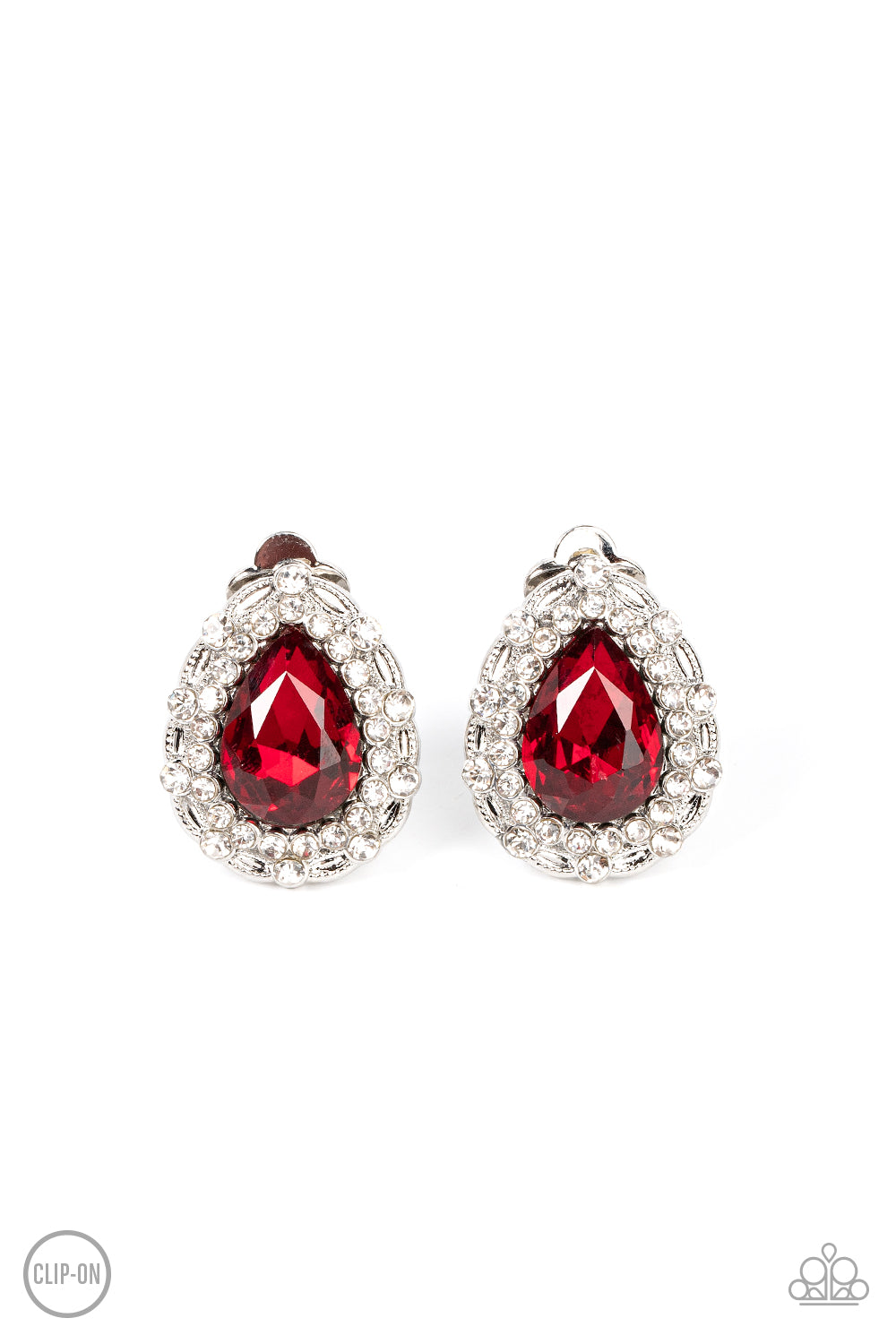 Haute Happy Hour - Red Teardrop White Rhinestone Clip-On Earring Paparazzi E0685