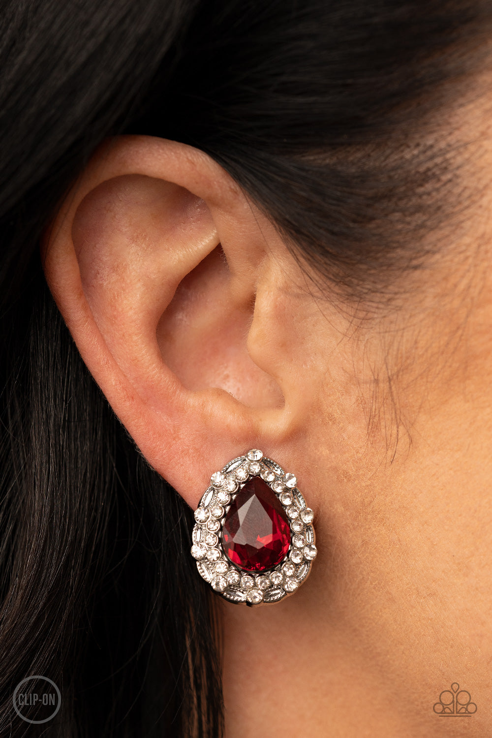 Haute Happy Hour - Red Teardrop White Rhinestone Clip-On Earring Paparazzi E0685