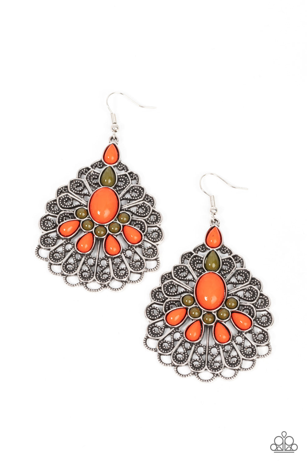 Peacock Prance - Orange & Olive Branch Bead Silver Earring Paparazzi E1261