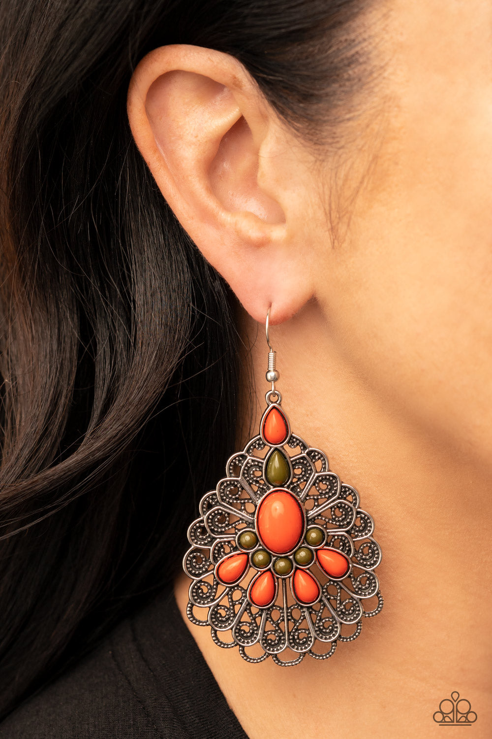 Peacock Prance - Orange & Olive Branch Bead Silver Earring Paparazzi E1261