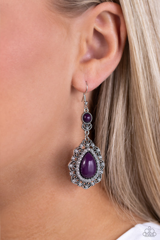 Palace Bribe - Purple Plum White Rhinestone Silver Earring Paparazzi E1605