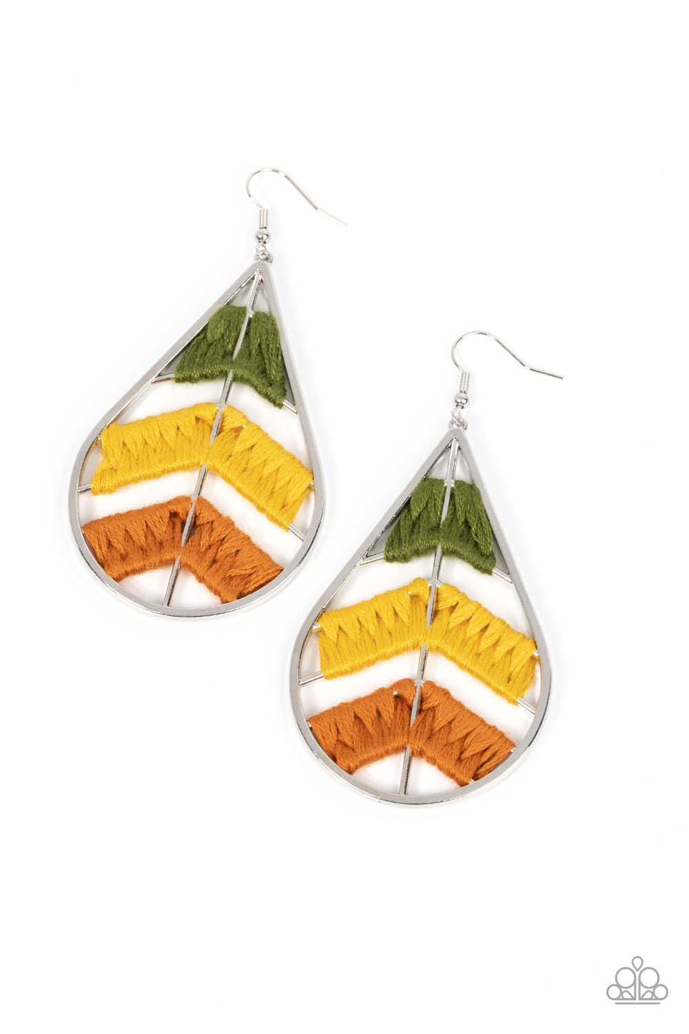 Nice Threads - Multi Olive, Mustard And Adobe Thread Teardrop Earring Paparazzi E1016