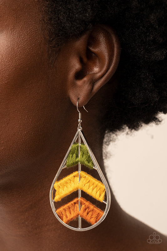 Nice Threads - Multi Olive, Mustard And Adobe Thread Teardrop Earring Paparazzi E1016