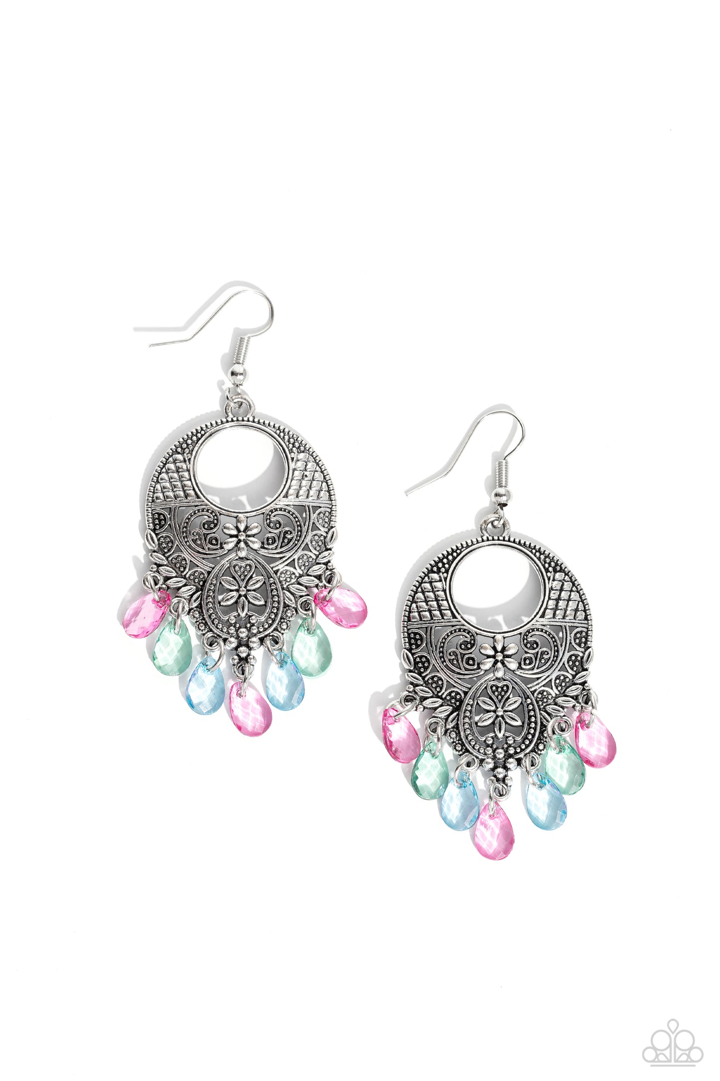 Prismatically Prairie - Multi Color Glassy Blue, Green & Pink Teardrop Chandelier Earring Paparazzi E1544