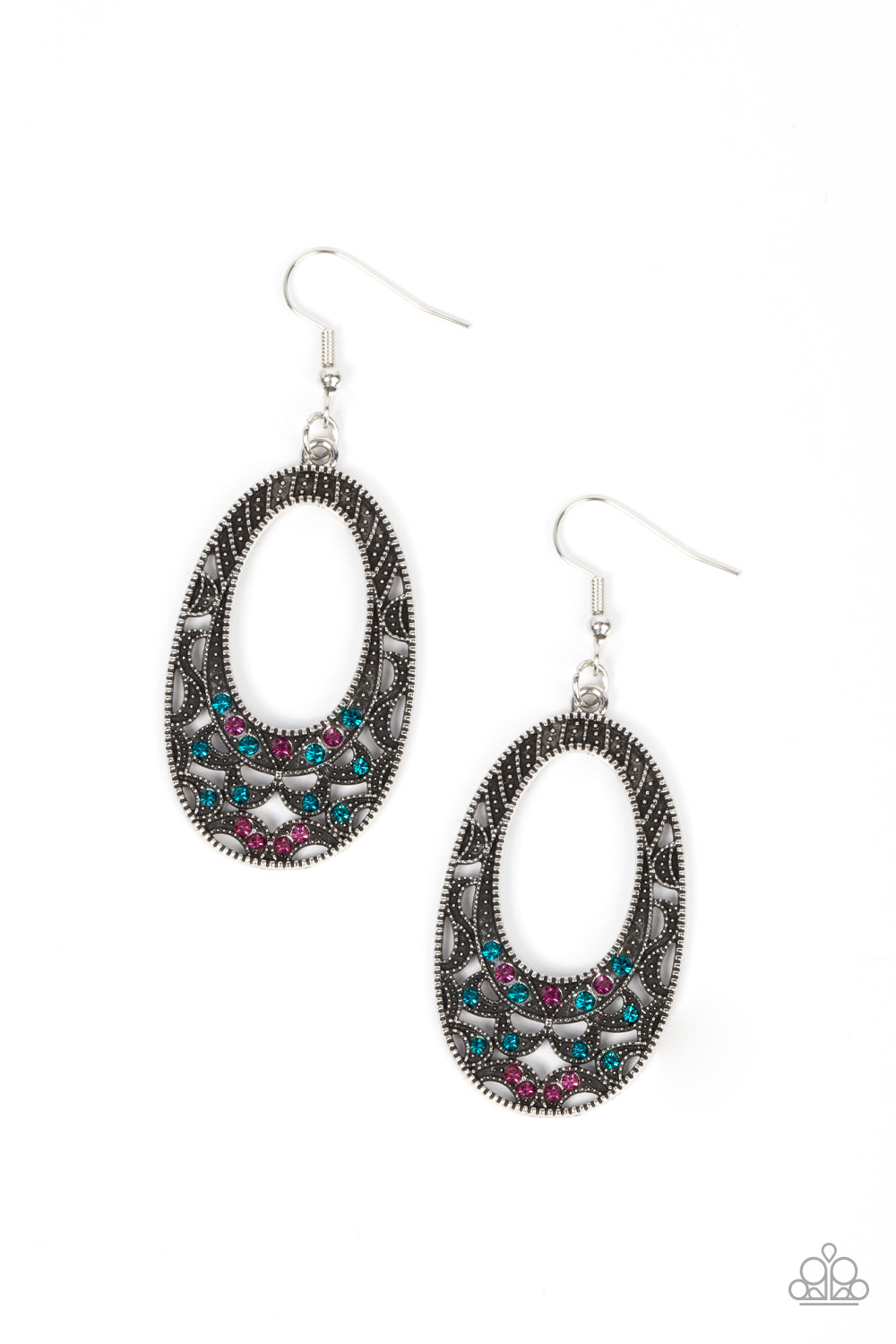 Colorfully Moon Child - Multi Blue & Pink Rhinestone Half Moon Accent Earring Paparazzi E1371