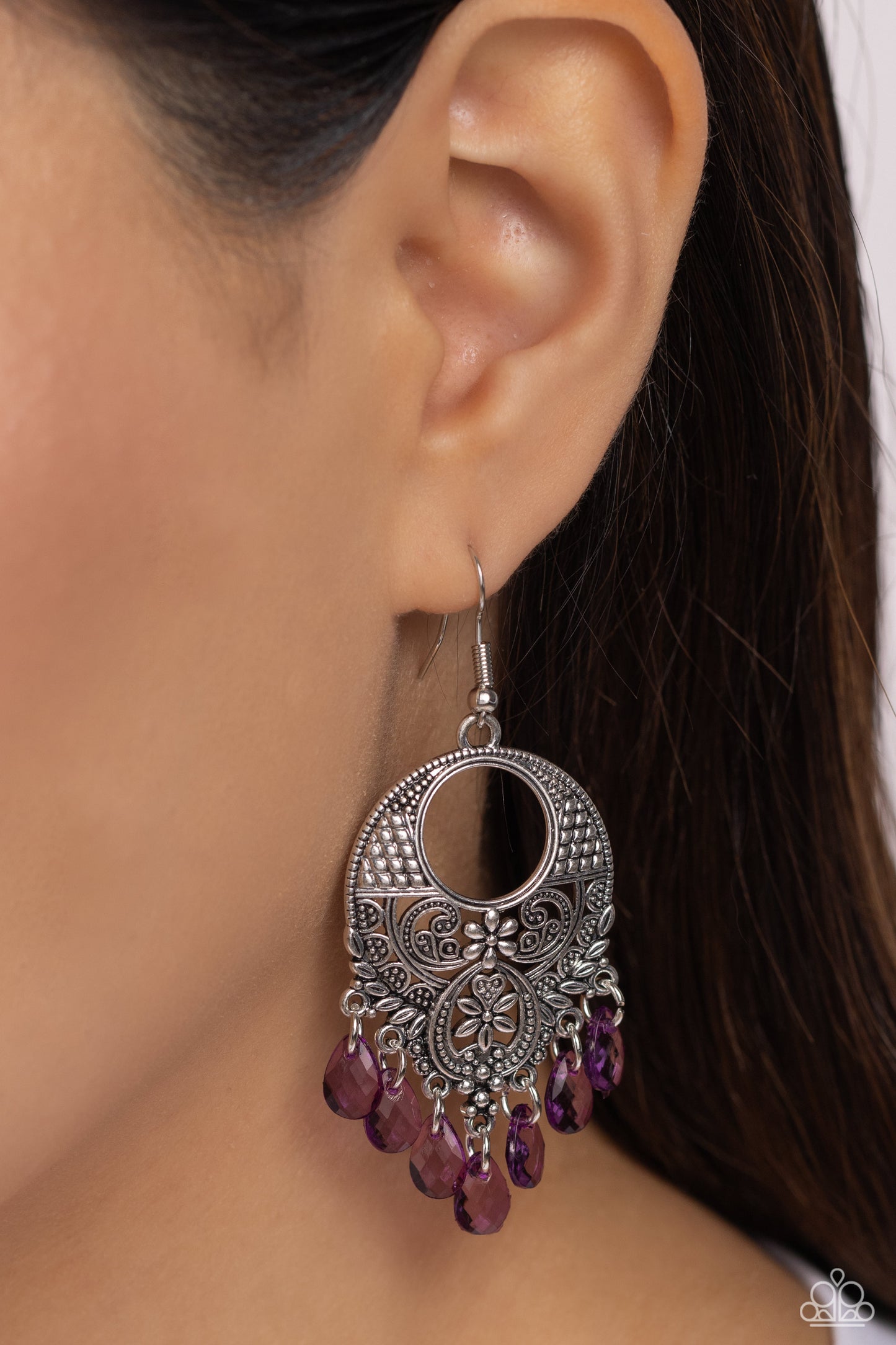 Prismatically Prairie - Purple Glassy Teardrop Chandelier Earring E1632