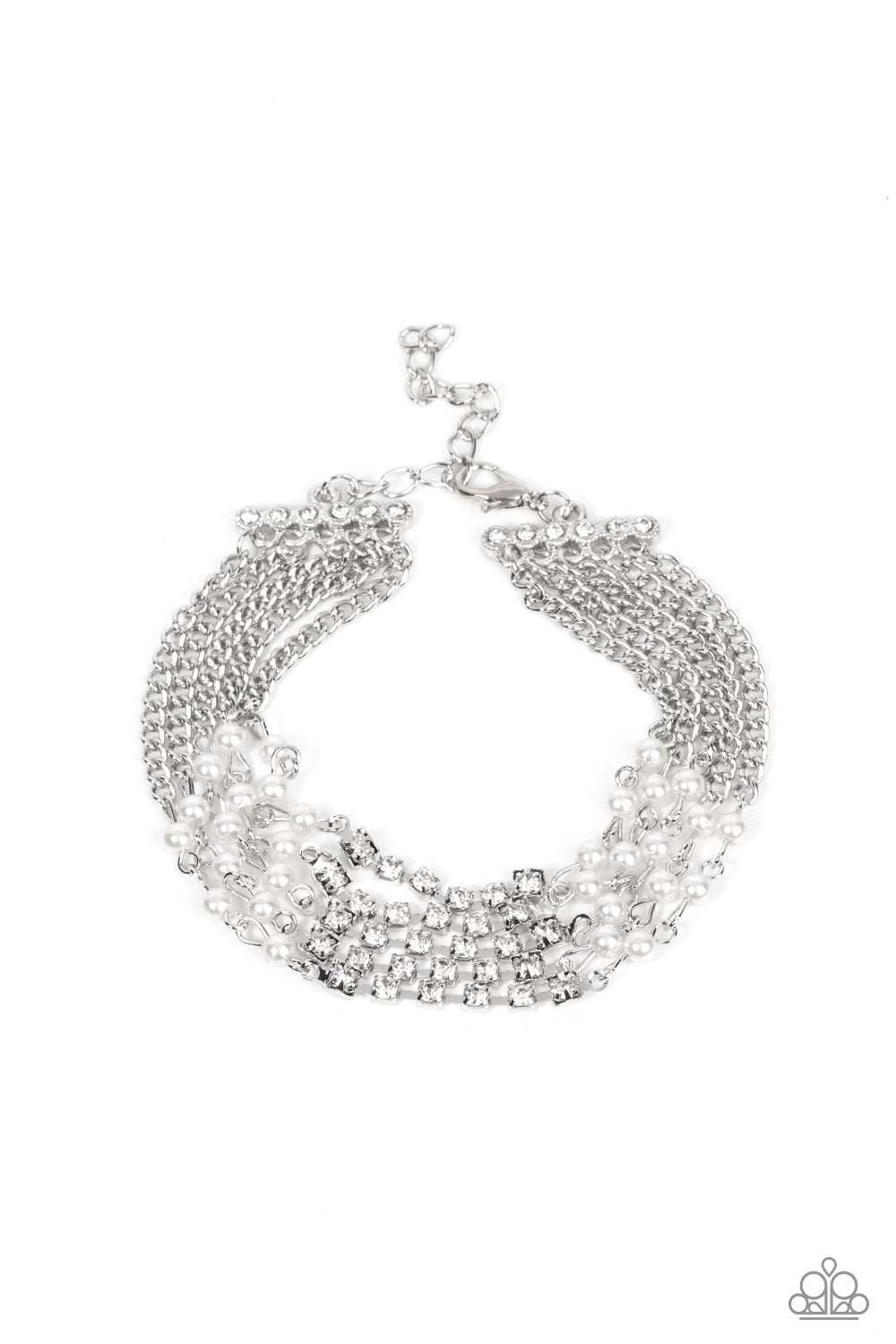 Experienced in Elegance - White Rhinestone, Pearl Silver Chain Bracelet Paparazzi B0542