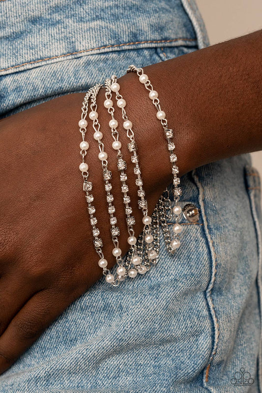 Experienced in Elegance - White Rhinestone, Pearl Silver Chain Bracelet Paparazzi B0542