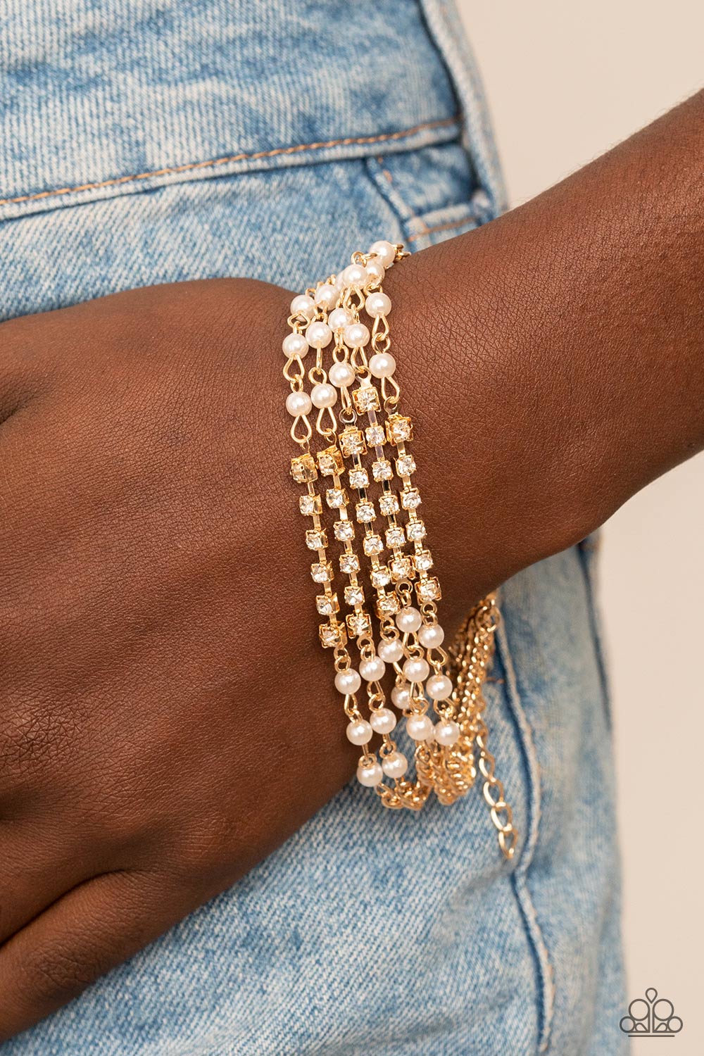 Experienced in Elegance - Gold Chain White Rhinestone And Pearl Bracelet Paparazzi B0596