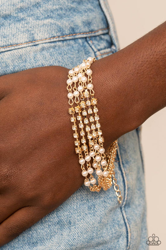 Experienced in Elegance - Gold Chain White Rhinestone And Pearl Bracelet Paparazzi B0596