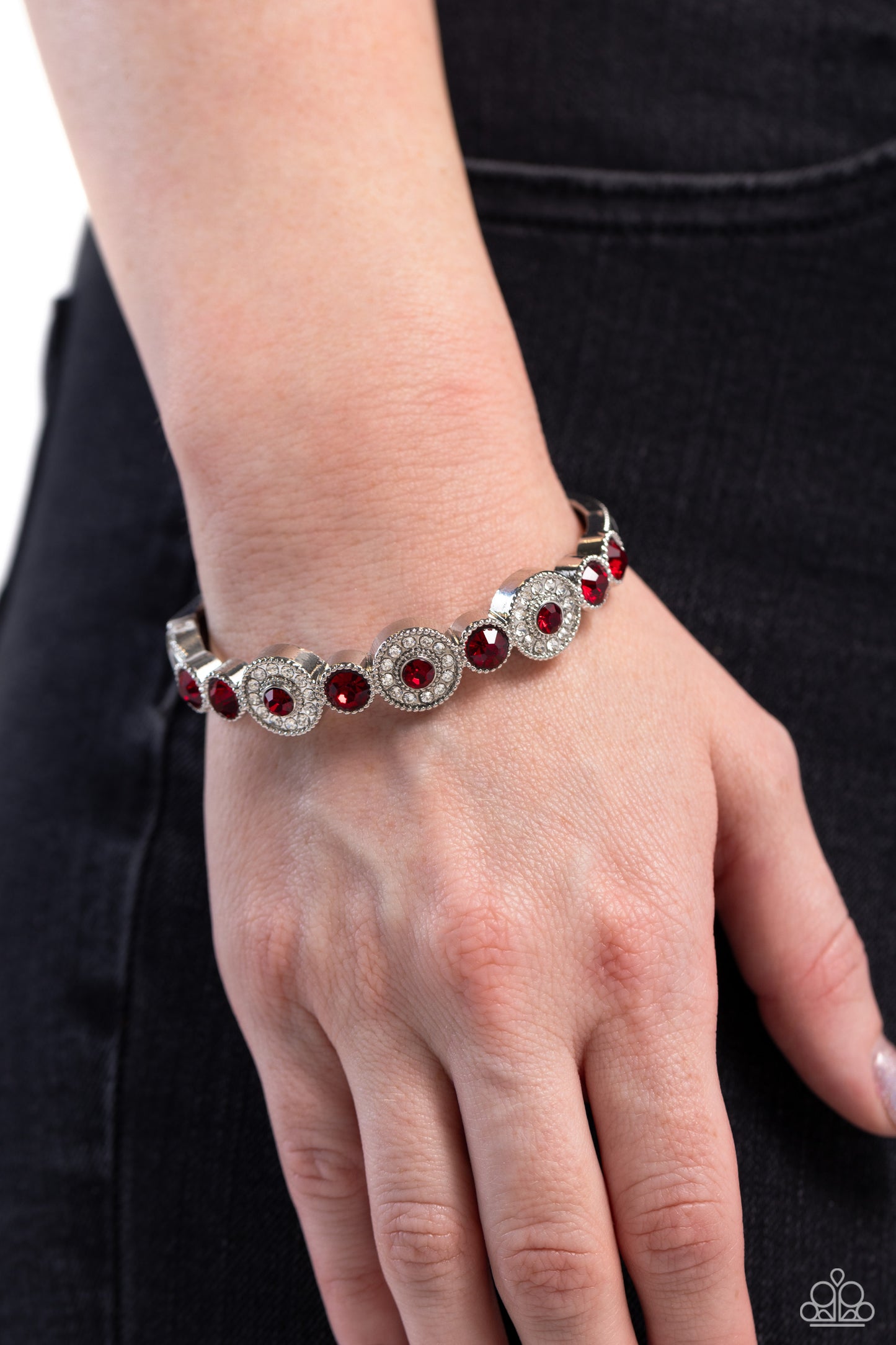 Crowns Only Club - Red & Glassy White Rhinestone Hinge Bracelet Paparazzi B1376