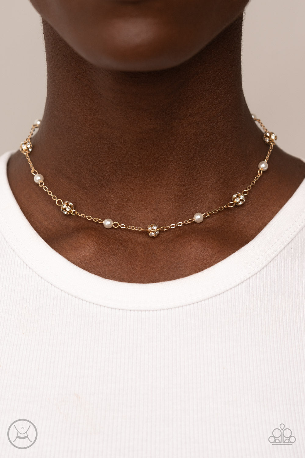 Rumored Romance - Gold, White Pearl & Rhinestone Choker Necklace Paparazzi N1330