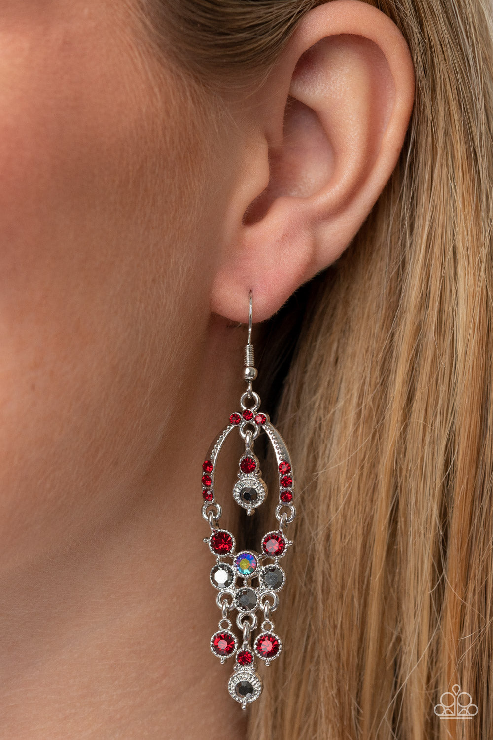 Sophisticated Starlet - Red, Hematite And Iridescent Rhinestone Earring Paparazzi E0909