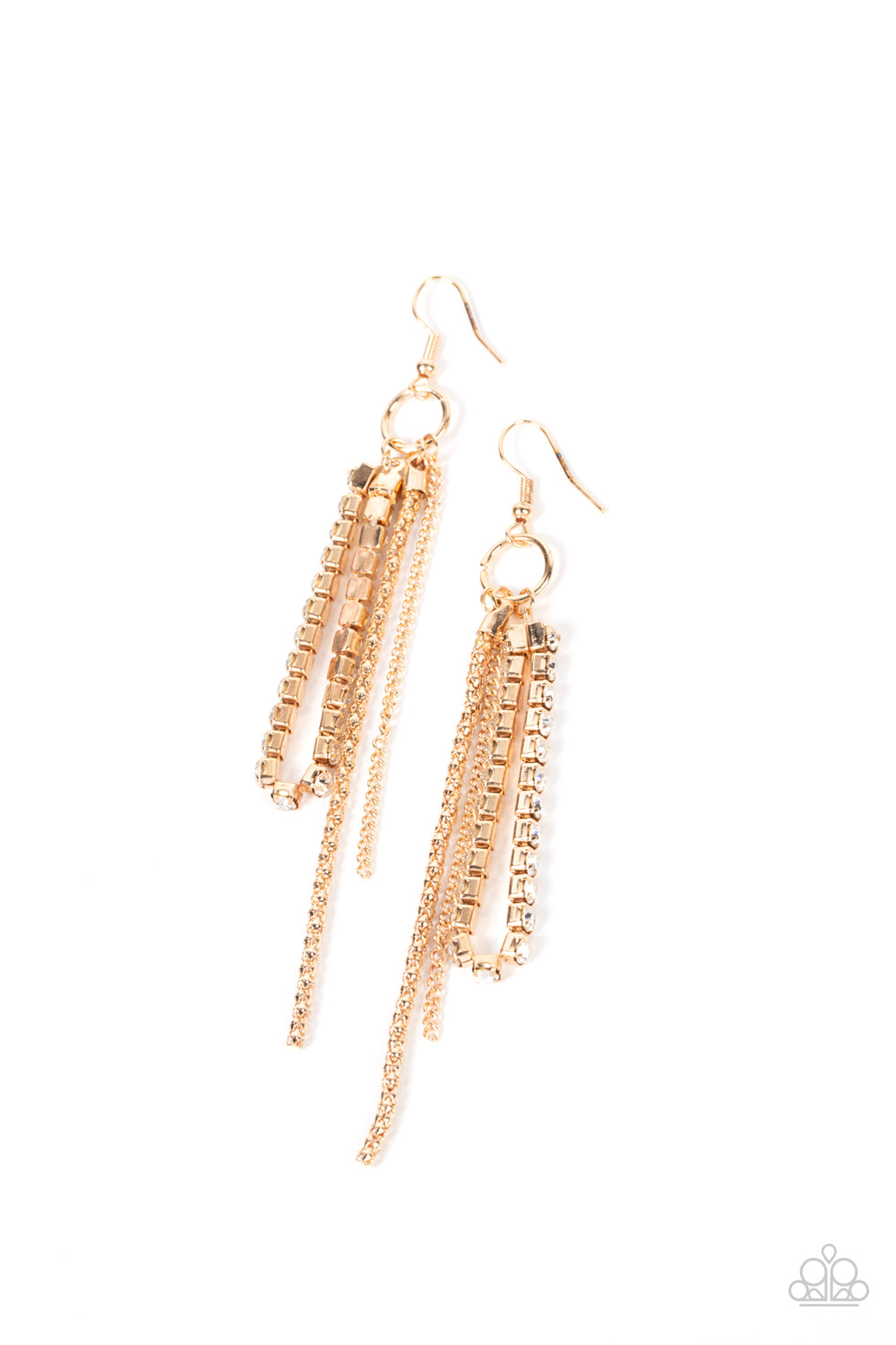 Swing Dance Dazzle - Gold Rhinestone Chain Earring Paparazzi E0632