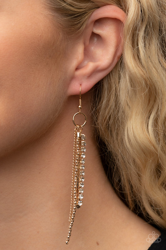 Swing Dance Dazzle - Gold Rhinestone Chain Earring Paparazzi E0632