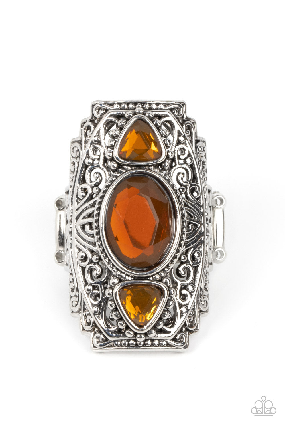 Castle Terrace - Brown Bead & Silver Vine Motif Ring Paparazzi R0440