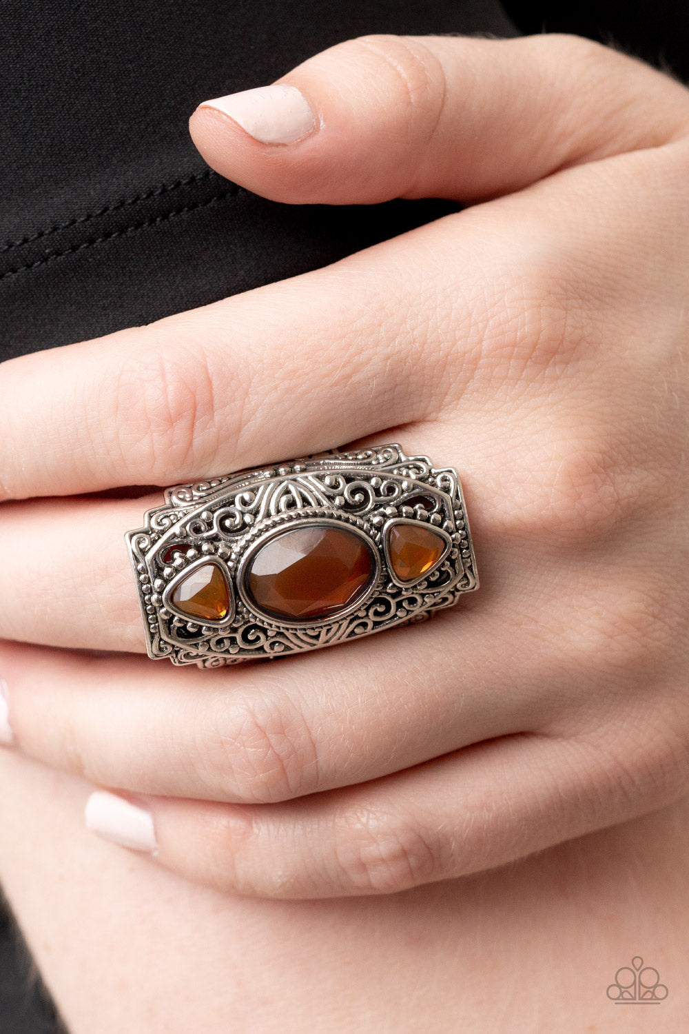 Castle Terrace - Brown Bead & Silver Vine Motif Ring Paparazzi R0440