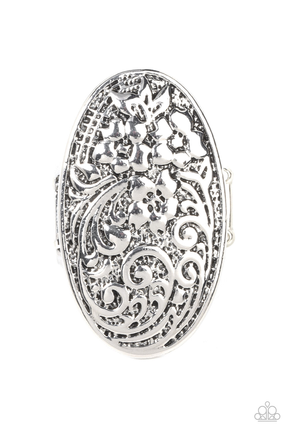 Floral Fortress - Silver Floral Motif Ring Paparazzi R0529