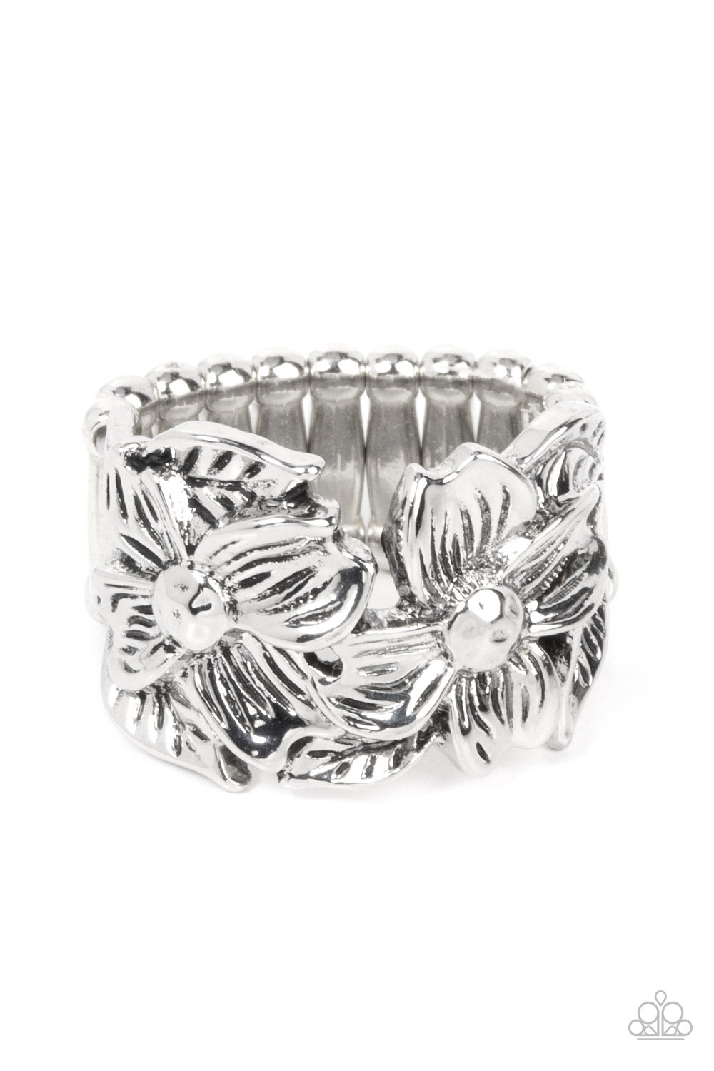 Island Eden - Silver Leafy Floral Ring Paparazzi R0413