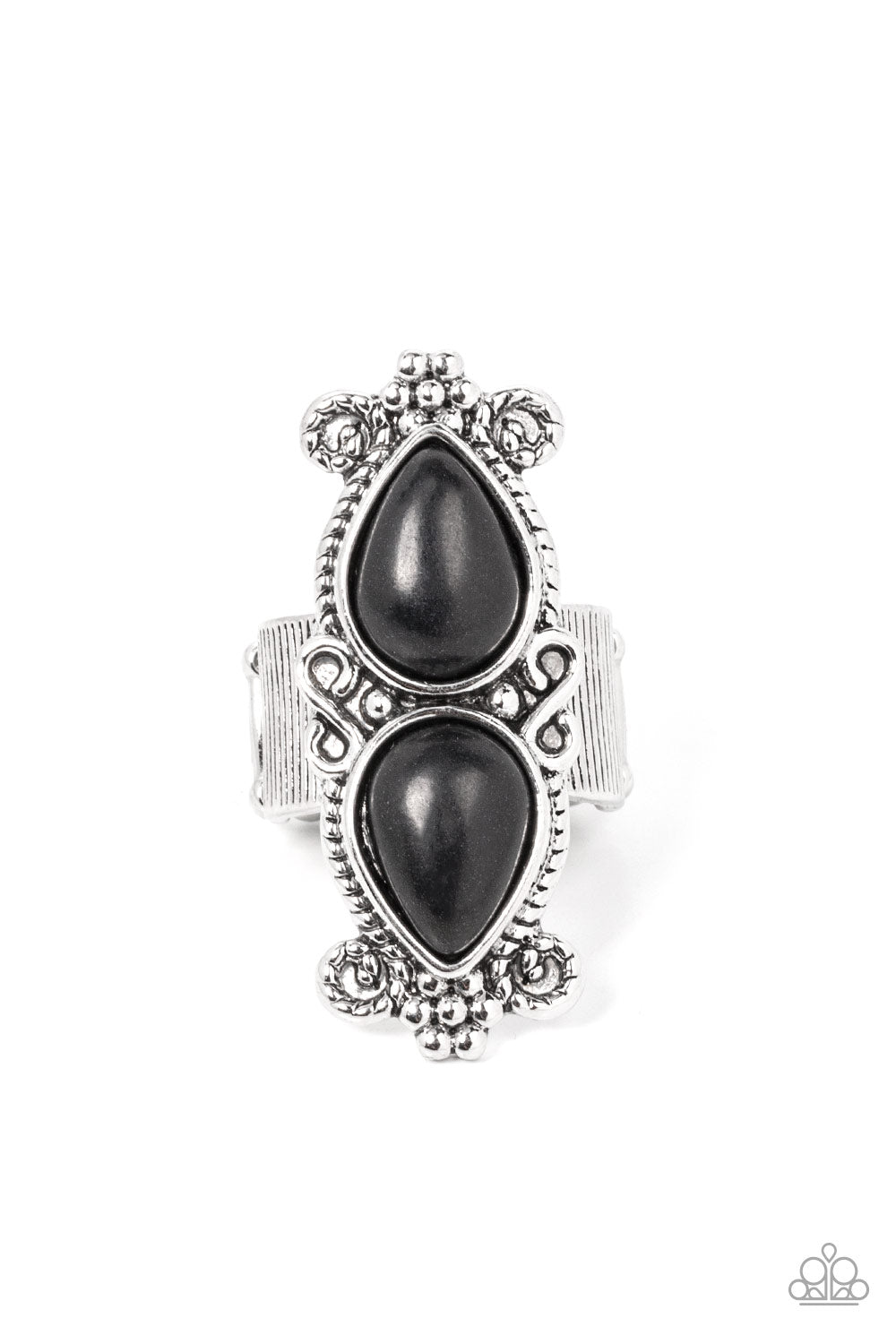 Adobe Garden - Black Stone Filigree Teardrop Santa Fe Style Ring Paparazzi R0355